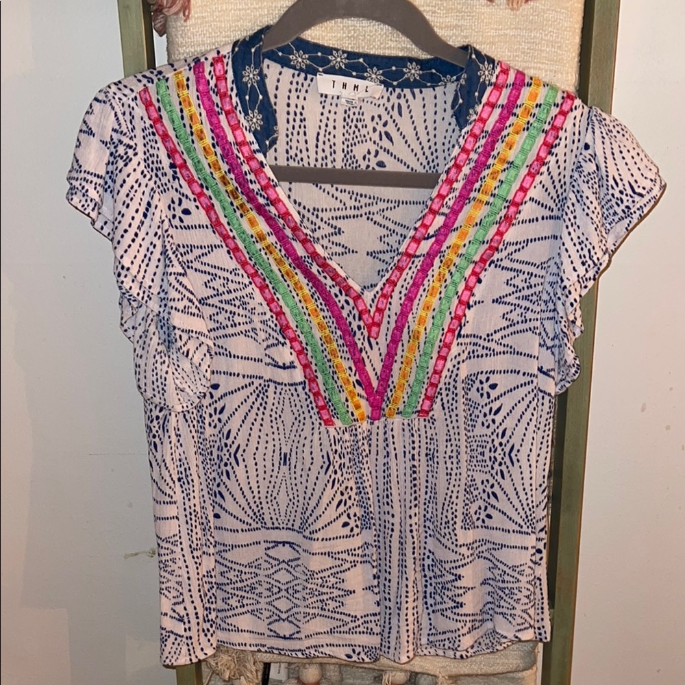 THML Pink and Green Graphic Cap Sleeve Blouse
